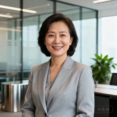 一位40岁左右的企业人力行政总监王女士的半身照，她身着浅灰色西装，面带微笑，背景是现代化办公环境，展现出干练而亲切的职业形象。