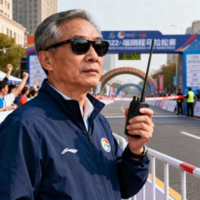 一位50岁左右的男性马拉松赛事总监张先生，他戴着太阳镜站在赛道旁，身穿运动夹克，手持对讲机，背景是城市马拉松的终点区域，展现出丰富的户外赛事管理经验。